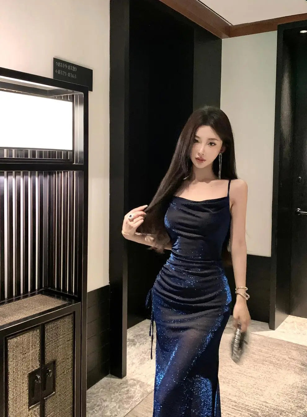 Starlight Sexy Swinging Collar Strap Dress, Mid to Long, Waist Tight, Slim and High End Beach Dress