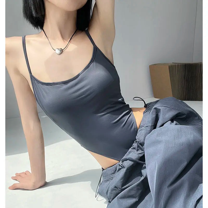 Solid Backless Camis Women Summer with Chest Pad Hollow Out Crotchless Top Sexy American Style Hotsweet Streetwear Slim Thin