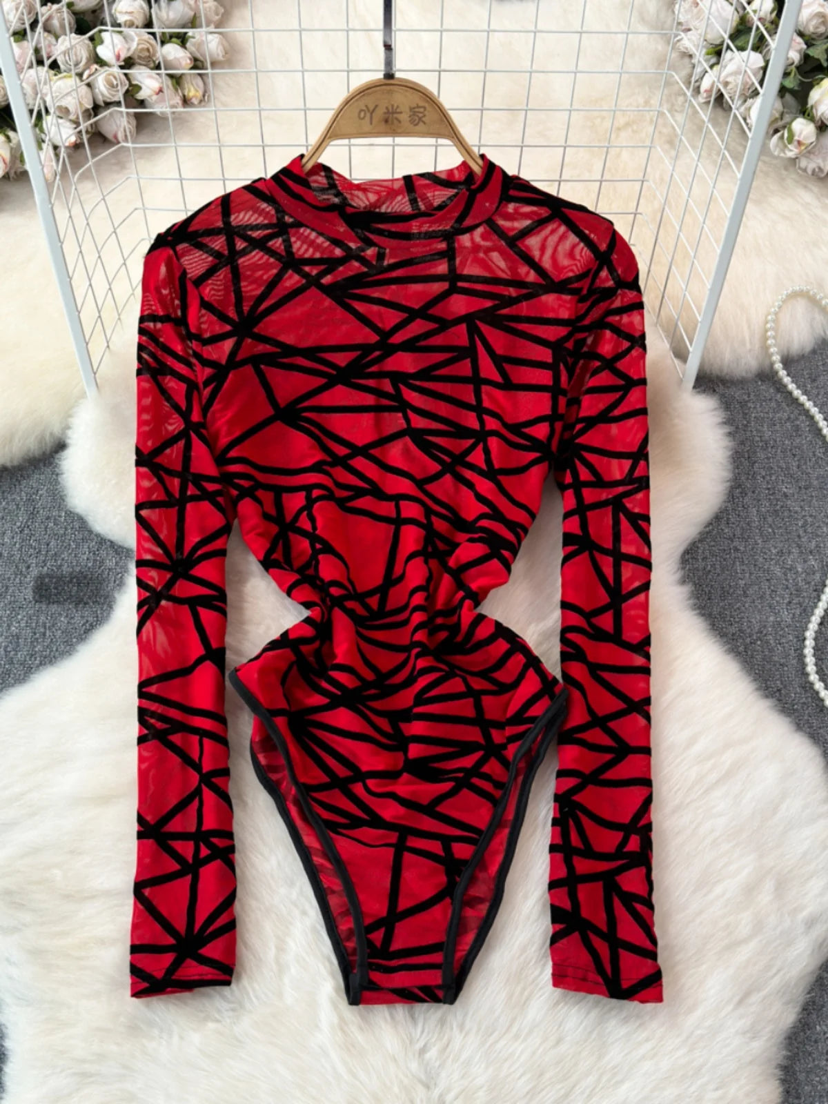 Foamlina Sexy Hollow Out Mesh Bodysuits for Women Fashion Striped Print Stand Collar Long Sleeve Slim Fit Club Party Jumpsuits