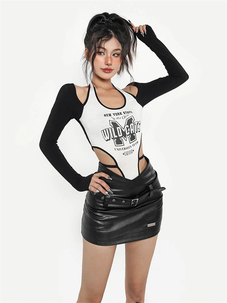 Sexy Letter Printed Irregular Waist-exposed Bodysuits Long Sleeve Skinny Baby Tops Bodycon Fashion Slim Rompers Women Jumpsuits