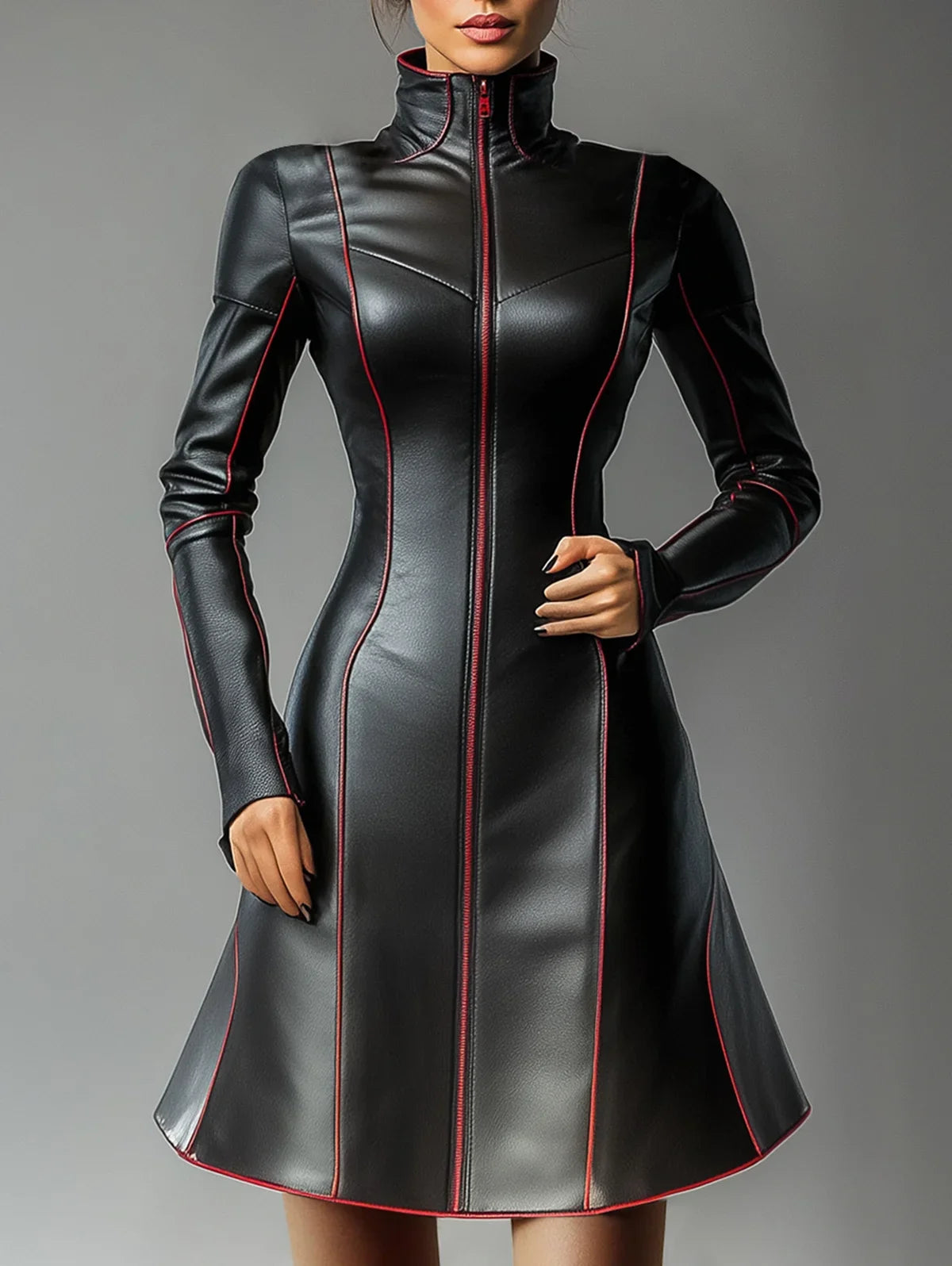 PU Leather Dresses for Women High Neck Zipper Contrast Binding  Mini Dress Women Long Sleeve Elegant A-Line Dress Streetwear Top