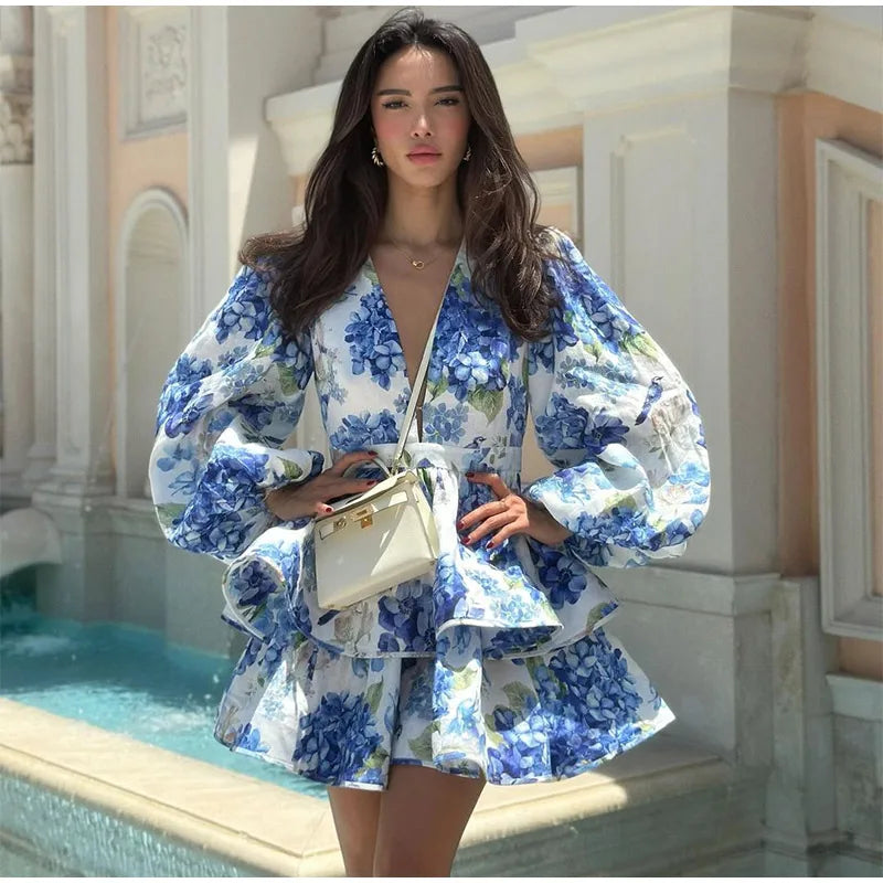 Printed Ruffled Hem Deep V-neck Puffy Dress Long Lantern Sleeve Elegant Vacation Party Short Dresses Colorful 2025 Spring Robe