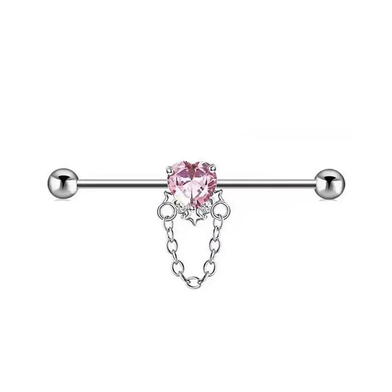 14G Titanium Industrial Barbell Dangling Chain Pink CZ Zircon Heart Star Ear Cartilage Helix Earring Women Girl Piercing Jewelry