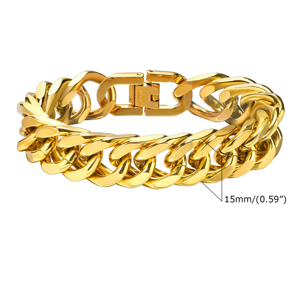 Stylish Double Curb Chain Bracelets for Men Boys,8/10/12/15mm Stainless Steel Miami Link Wristband,Punk Jewelry Gifts