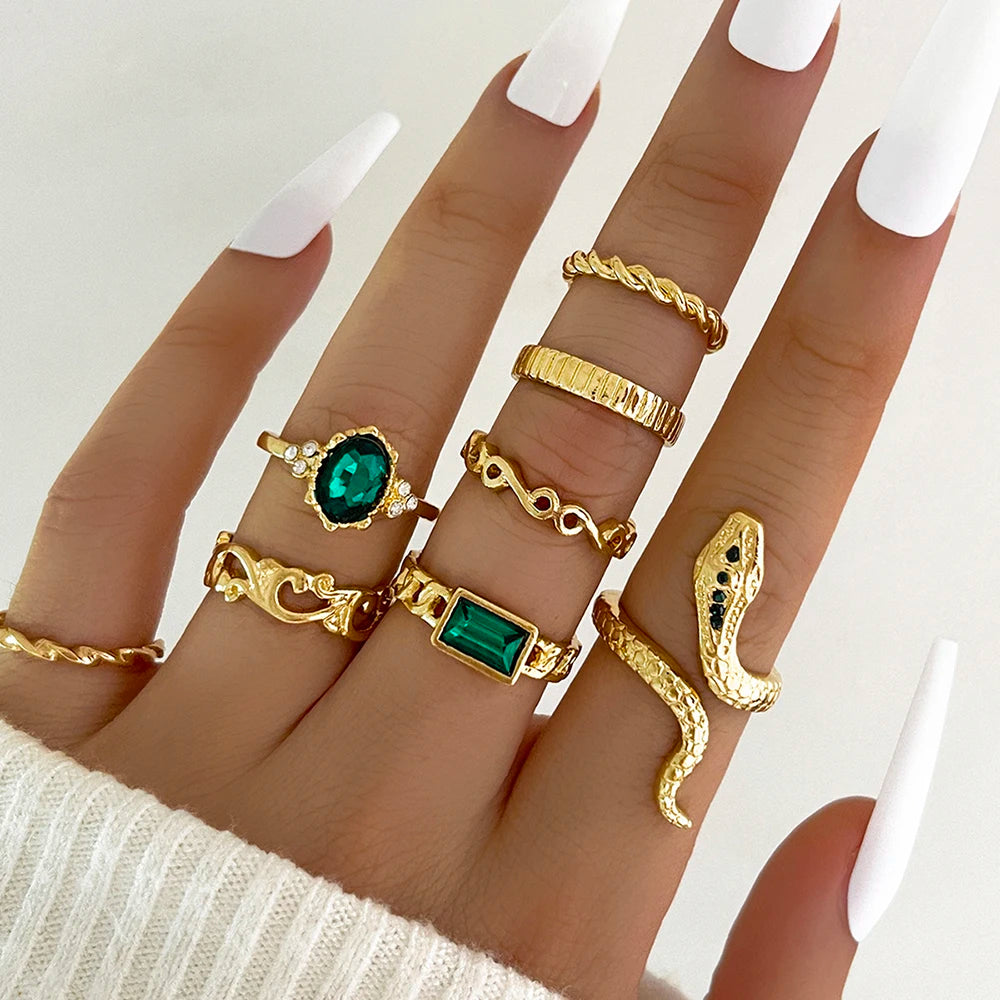 8Pcs/Set Ins Style Vintage Faux Gemstone Snake Twist Ring For Women Retro Ocean Wave Geometric Setting Rhinestone Ring Set