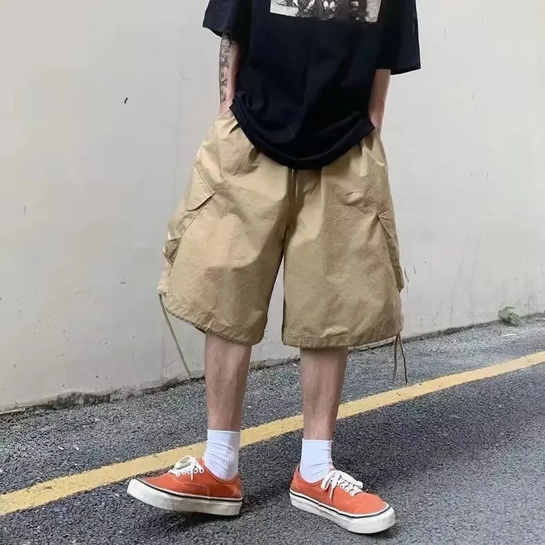 Loose Casual Men's Workwear Shorts Summer Wide Leg Drawstring Five-Quarter Pants Retro Japanese Style Outerwear Shorts