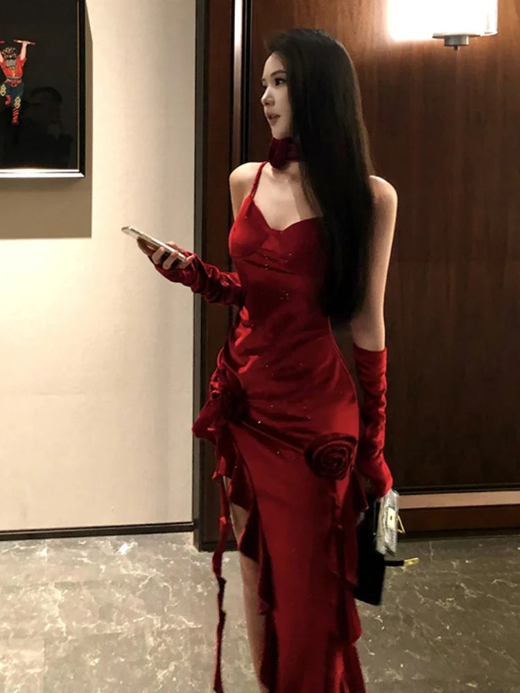 Women Elegant Irregular Ruffles Velvet Red Spaghetti Strap Dresses Sexy Bodycon Side Slit Evening Party Dress Female  Vestidos