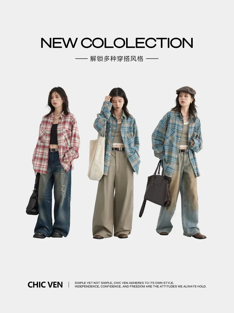 CHIC VEN Women's Cotton Shirt Single Breasted Loose New Retro Color Blocked Grid Female Blouses Autumn Spring 2024