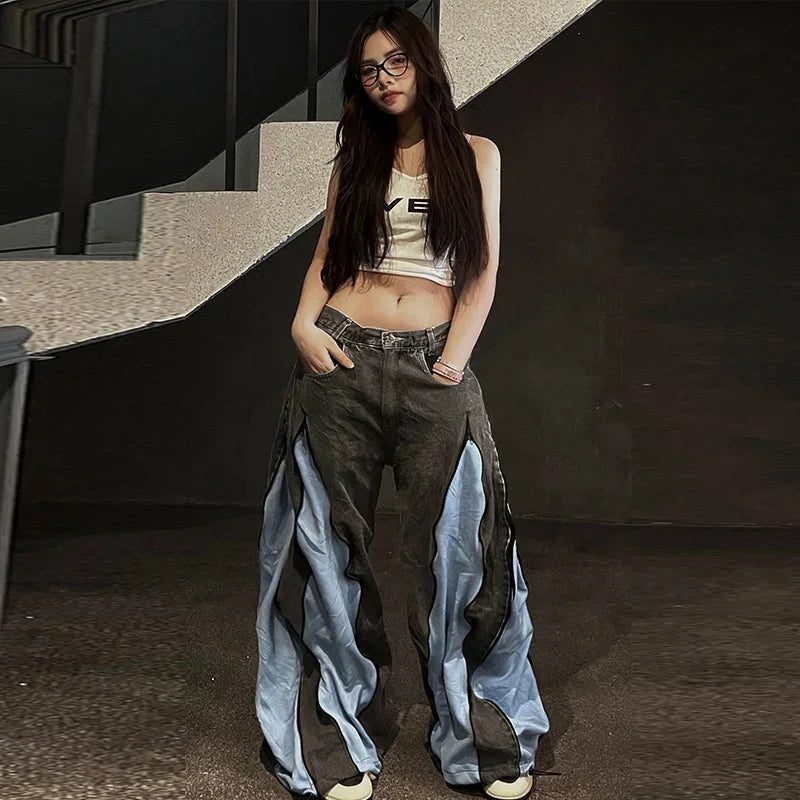 Women's Hip Hop Two-tone Patchwork Low Rise Zipper Denim Pants Baggy Wide Leg Dragging Designer Trousers High Street Jeans Pants