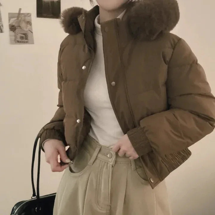 South korea Chic Autumn and Winter Fur Collar Hood Short down Coat Women Fashion Thick Warm Fleece-lined Cotton-padded jacket...