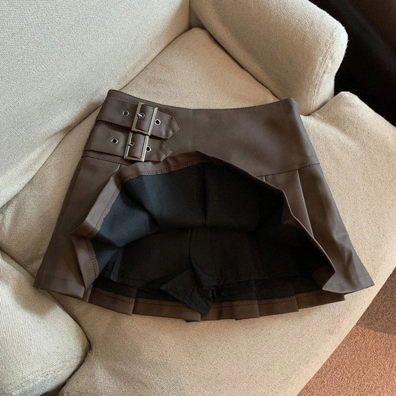 MEXZT S-3XL Y2K Pu Leather Mini Skirts Women Streetwear High Waist Pleated Skirt Vintage Korean Black Slim Casual A Line Skirts