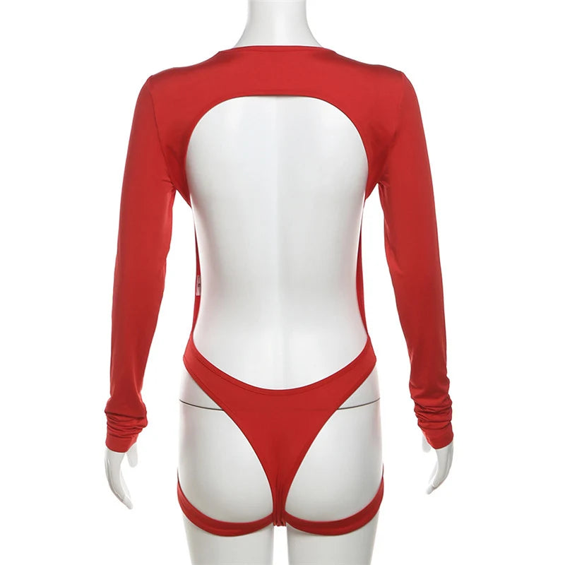 Weird Puss Hollow Backless Bodysuit Woman Summer Sexy Hottie Long-Sleeve Solid O-Neck Bandage Chic Bodyshape Skinny Clubwear Top