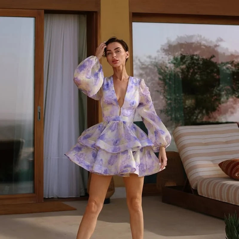 Printed Ruffled Hem Deep V-neck Puffy Dress Long Lantern Sleeve Elegant Vacation Party Short Dresses Colorful 2025 Spring Robe
