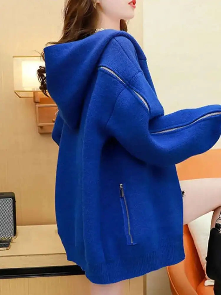 [EWQ] Big Size Long Sleeve Hooded Zipper Decorate Blue Knit Cardigan Women Thick Sweater Jacket 2024 Autumn New Fashion 16O2559