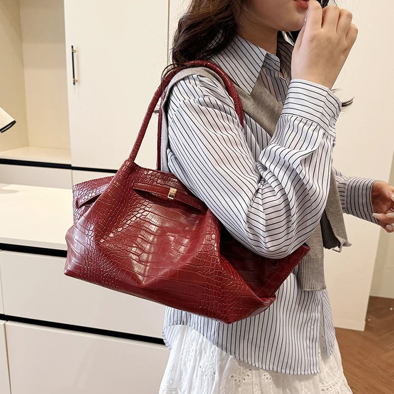 MOODS Crocodile Pattern Shoulder Hobo Bags For Women Retro Big Capacity Bucket Tote Bag 2025 Summer New Designer Handbags Luxury