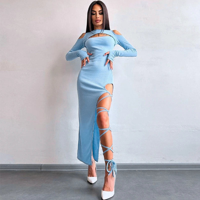 Hugcitar Long Sleeve Solid Hollow Out Slit Lace Up Elegant Sexy Bodycon Maxi Prom Dress 2023 Fall Women Birthday Party Outfit "