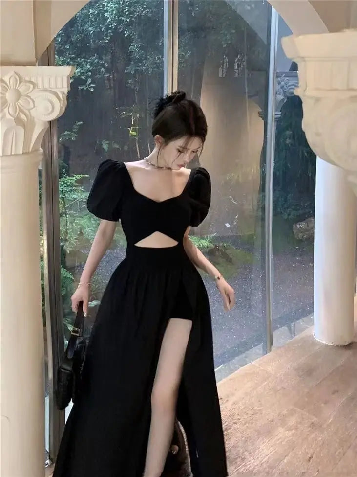 Short Puff Sleeve Black Dress Women Hollow Out Design Split Square Collar Temper Korean Style Fashion Ladies Attractive Ulzzang