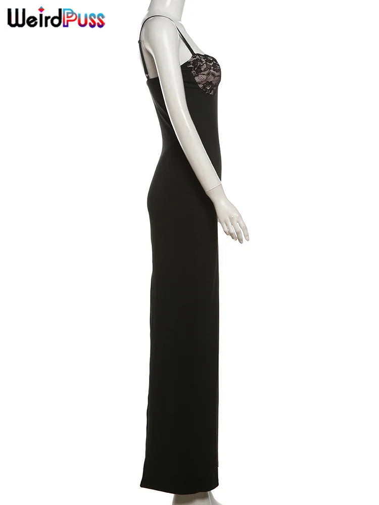 Weird Puss Sexy Camis Dress Women Skinny Patchwork Chest Summer Elegant Skinny Elastic Stretch Maxi Bodycon Clubwear Vestidos