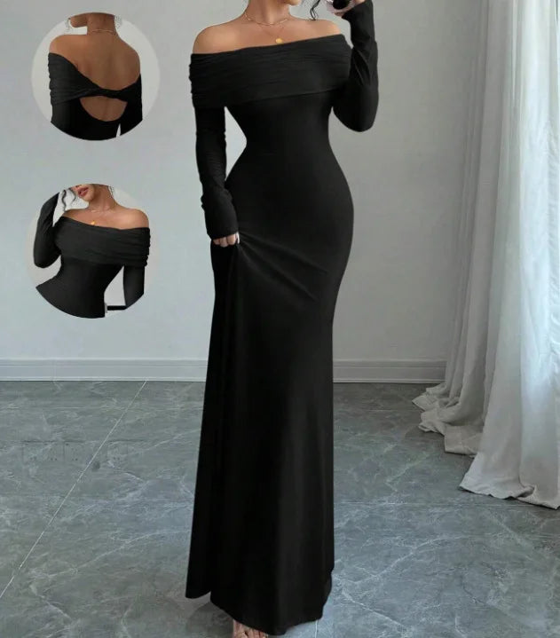 European and American 2025 Cross border Spring/Summer New French Fashion One Piece Collar Slim Fit High Waist Sexy Banquet Dress