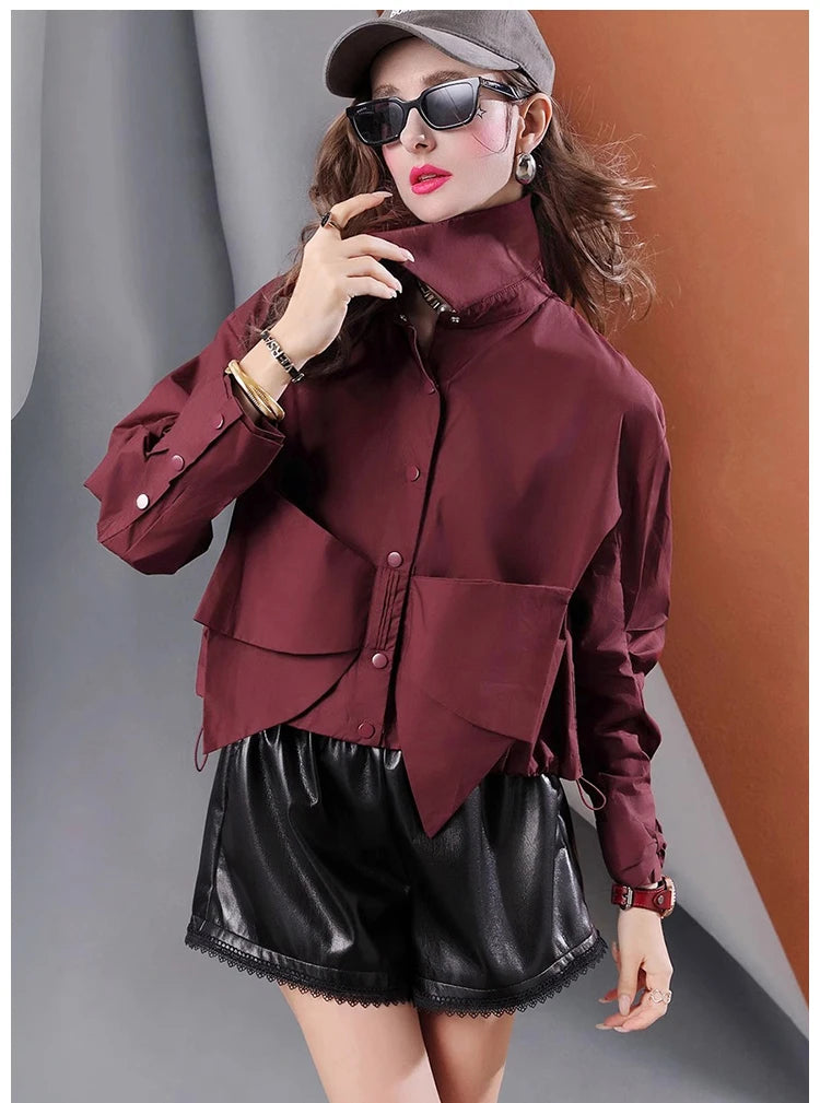 Spring new niche design solid color bow pleated short casual women's shirt for  women