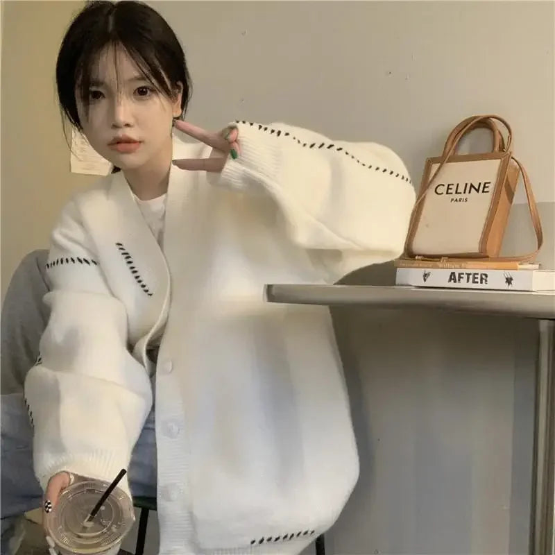 Autumn and Winter Lazy Style V-neck Knitted Sweater Cardigan Women Korean Version Loose Casual All-match Sweater Cardigan Coat