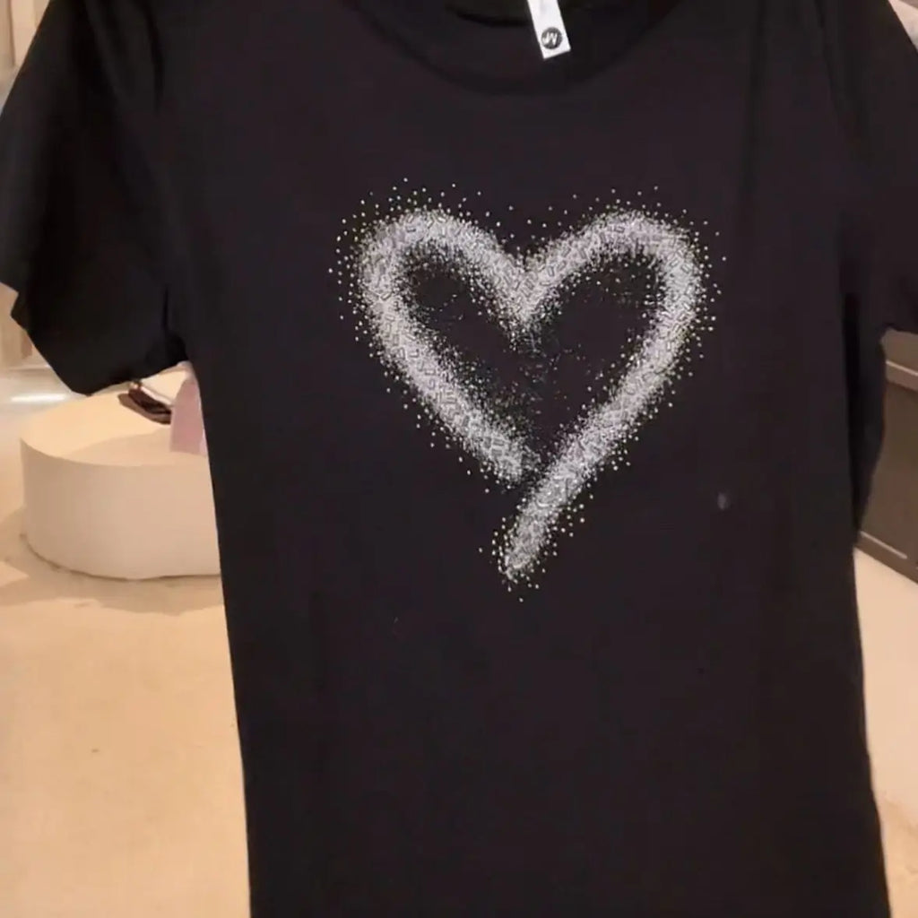 Pure Cotton Round Neck Short Sleeve Diamond Heart Print Tshirt Women Loose Casual Elegant Top