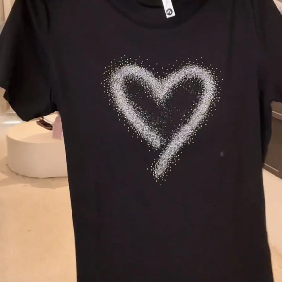 Pure Cotton Round Neck Short Sleeve Diamond Heart Print Tshirt Women Loose Casual Elegant Top