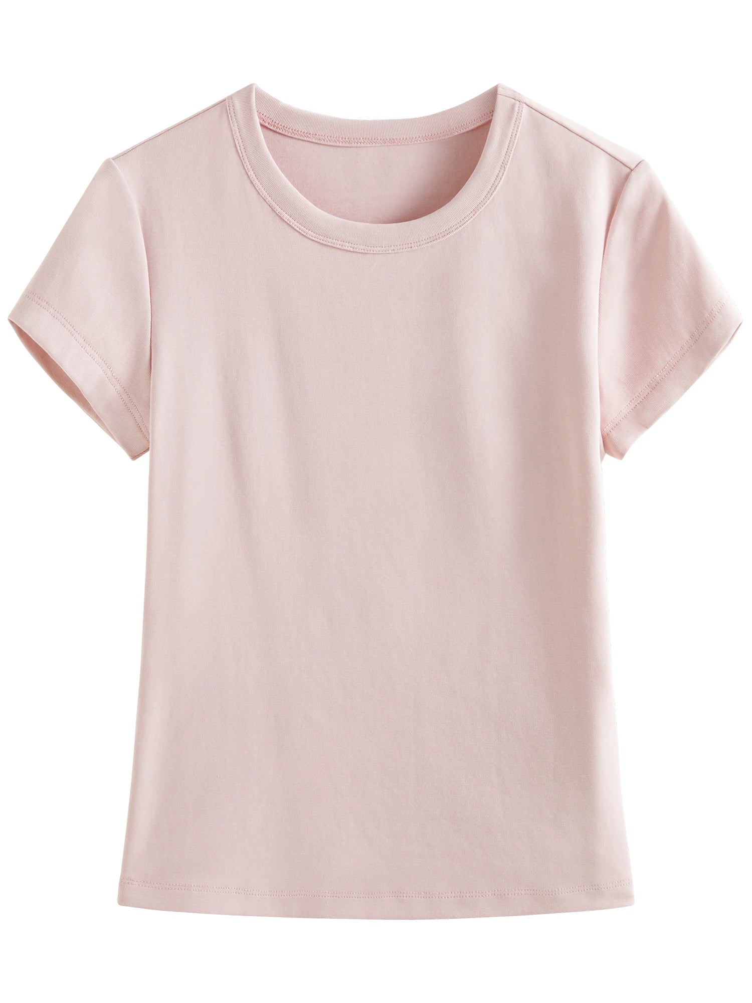 FSLE MInimalism Style Pink Straight Shoulder Short-sleeved T-shirt for Women 2025 Summer New Slim Fit Round Neck Top 25FS12113