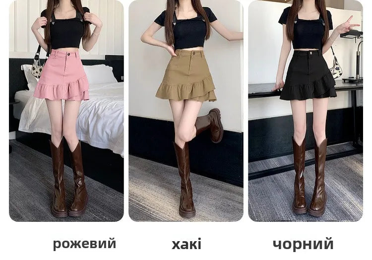 High Waist A-Line  Skirt Women's Spring Summer Denim f-length Skirts with Lace Hemline Cotton Polyester Blend