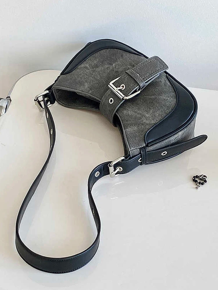 Retro Black Grey Underarm Bag for Women French Versatile Cool Girls Moto One Shoulder Bags Temperament Commuter Handbags Trend