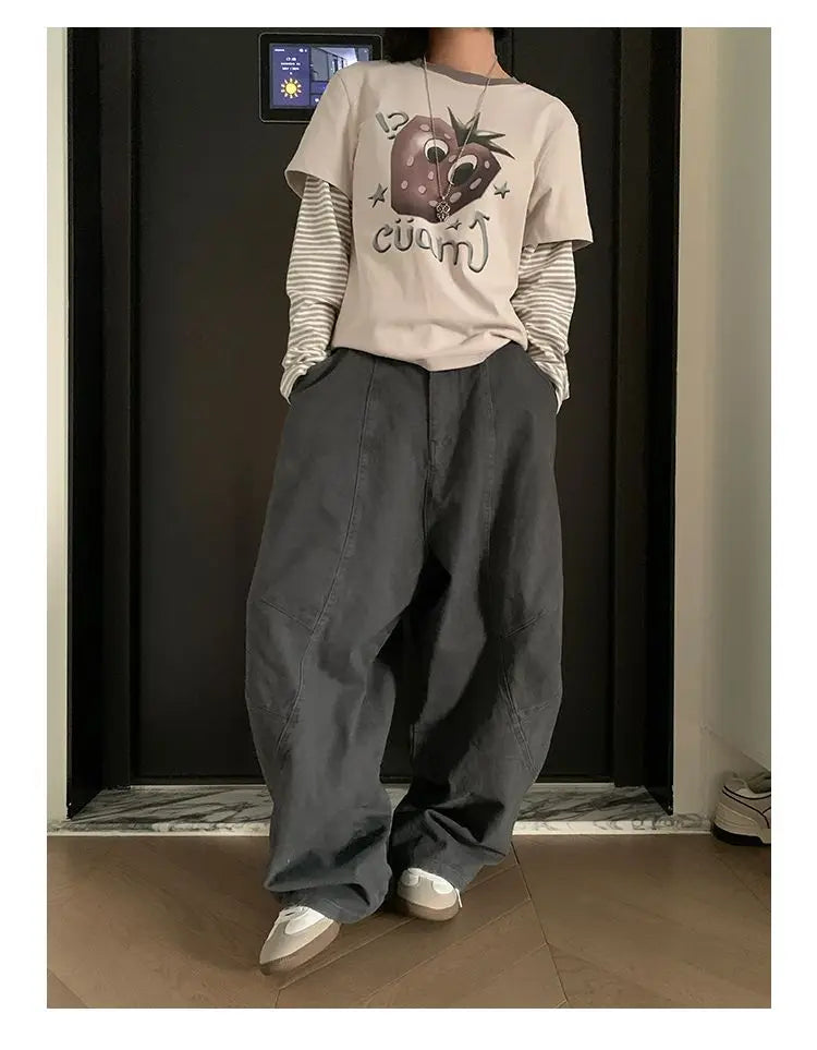 HOUZHOU Y2K Vintage Wash Women Cargo Jeans Harajuku Scimitar Wide Leg American Retro Denim Pants Baggy Trousers Gyaru Streetwear