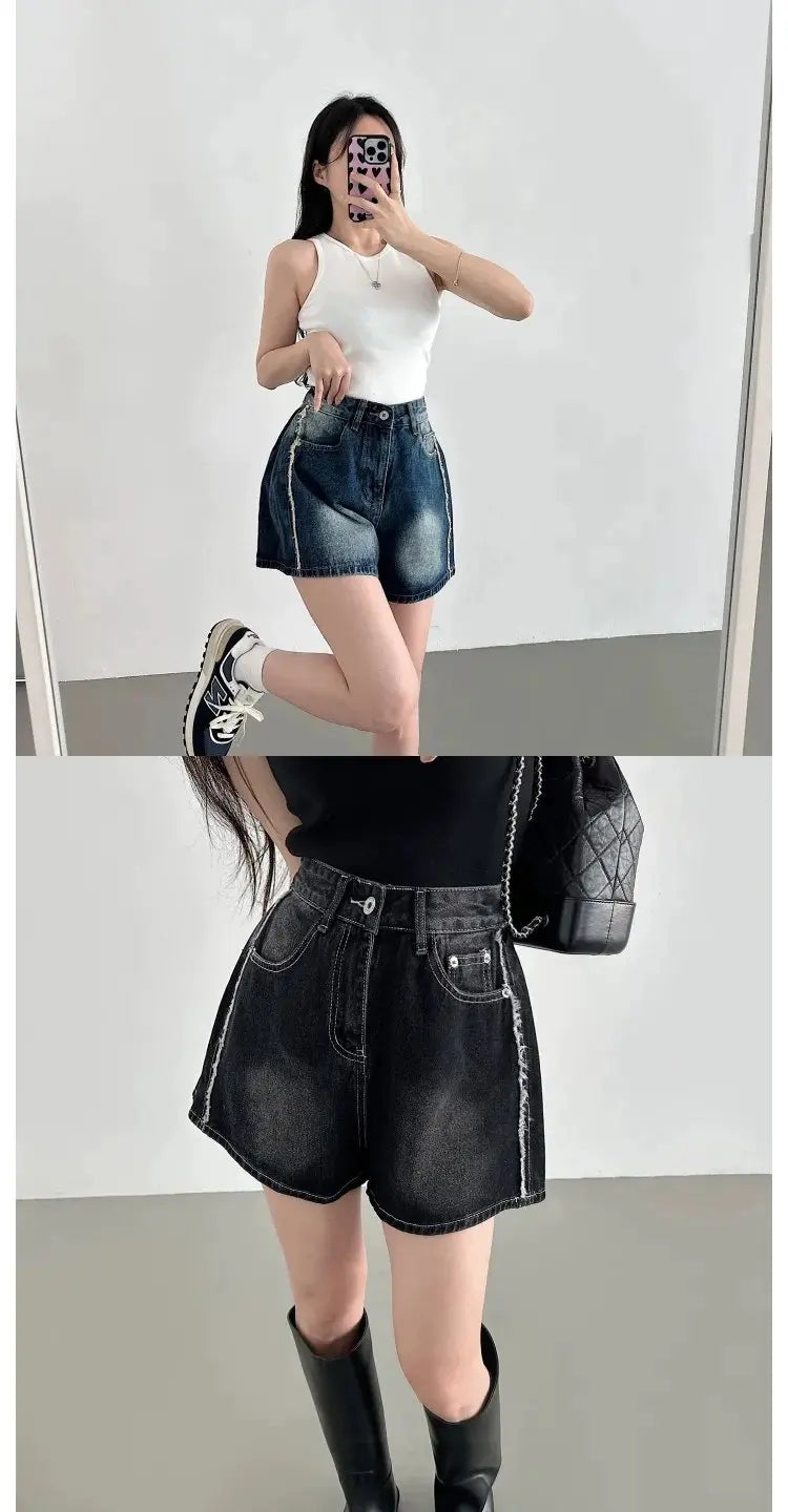 Retro Waed Distred High Waist Wide Leg Jeans orts Casual Sle A-Line Loose Fit Summer Denim orts for Women