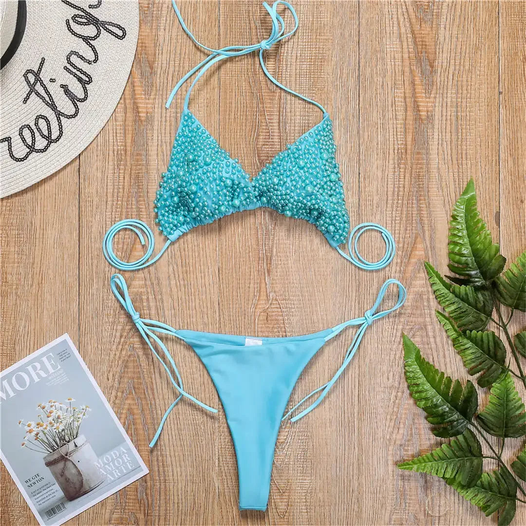 Sexy Halter Luxury Pearl Bikini Female Swimsuit Women Swimwear Two-pieces Bikini set Mini Micro Bather Bathing Suit Swim Lady