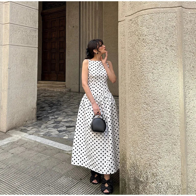 Elegant Women Polka Dot Maxi Dresses Chic Sleeveless Round Neck High Waist Slim Long Vestidos 2025 Lady Party Street New Dress