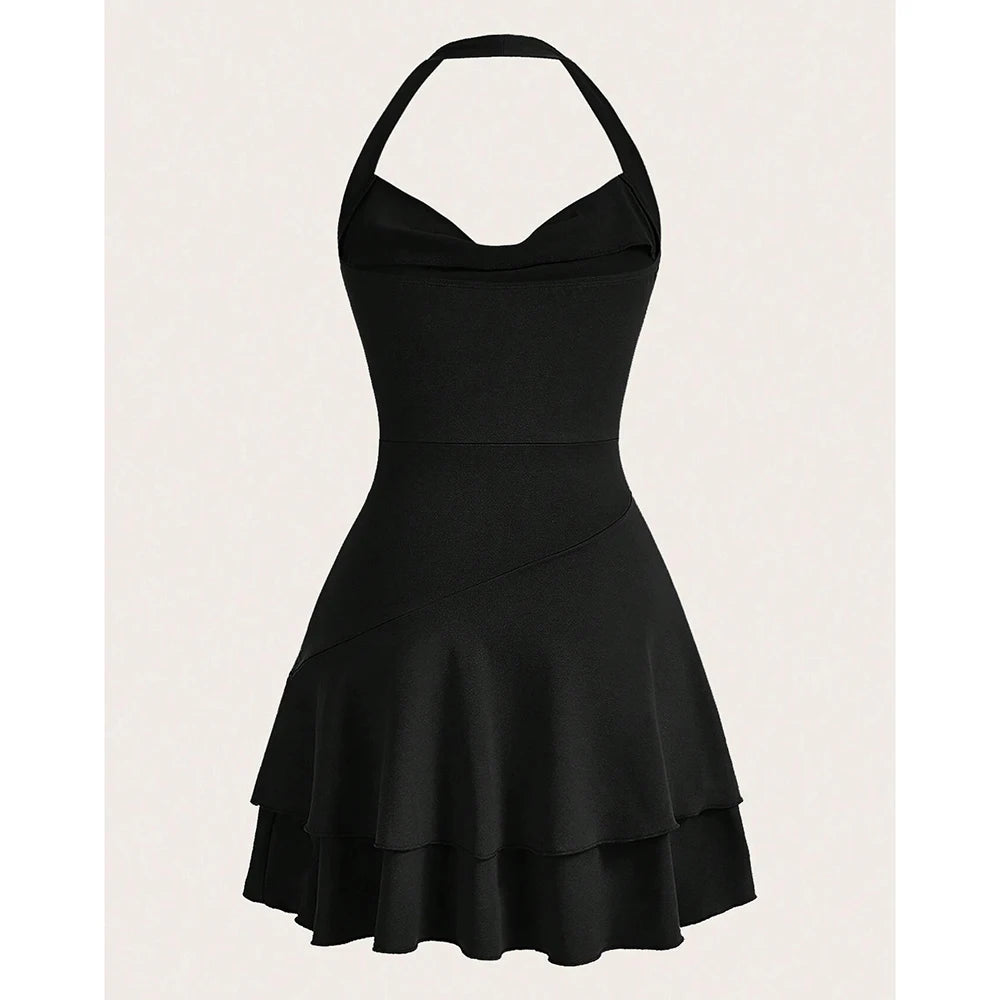 Mia Muse All Seasons Women's Dresses Elegant Basics Halter Neck Ruffle Pleated A Line Mini Dresses