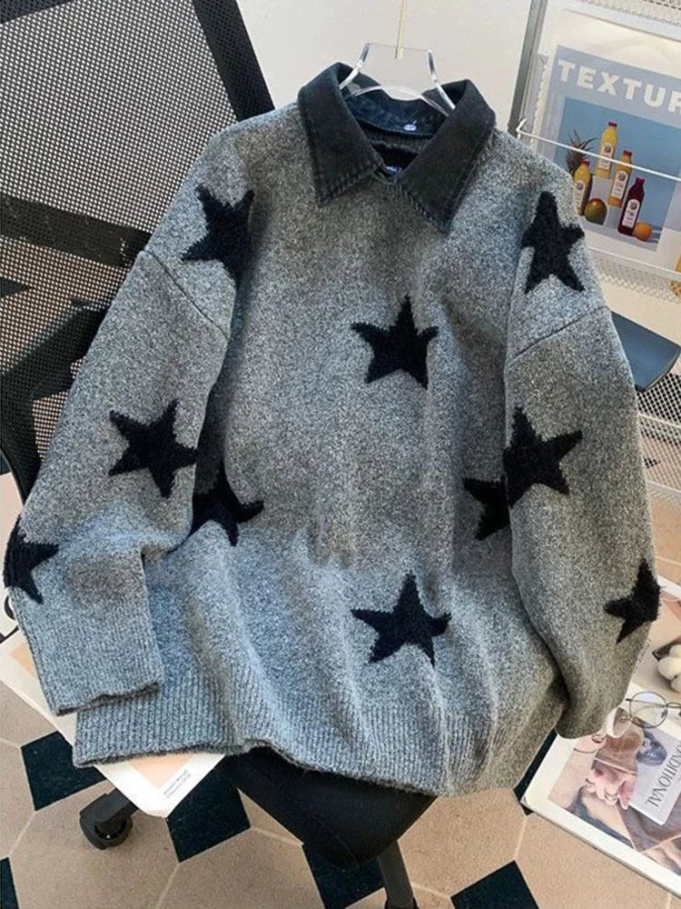 Zoki Star Print Y2K Sweaters Women American Red Patchwork Knitted Jumpers Tops Loose Female Design Turn Down Collar Pullovers
