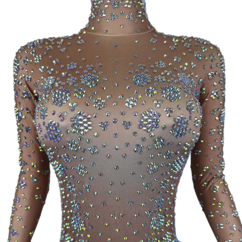 Luxury Nude See Through Rhinestone Bodysuit Fashion Outfits Show Dance wear Club Party Rompers Crystal Mesh Jumpsuits for Women