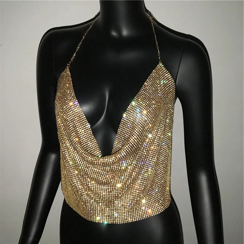 Festival Brilliant Rhinestone Backless Party Crop Top Women 2024 Summer Glitter Evening V Neck Diamonds Metal Tank Tops