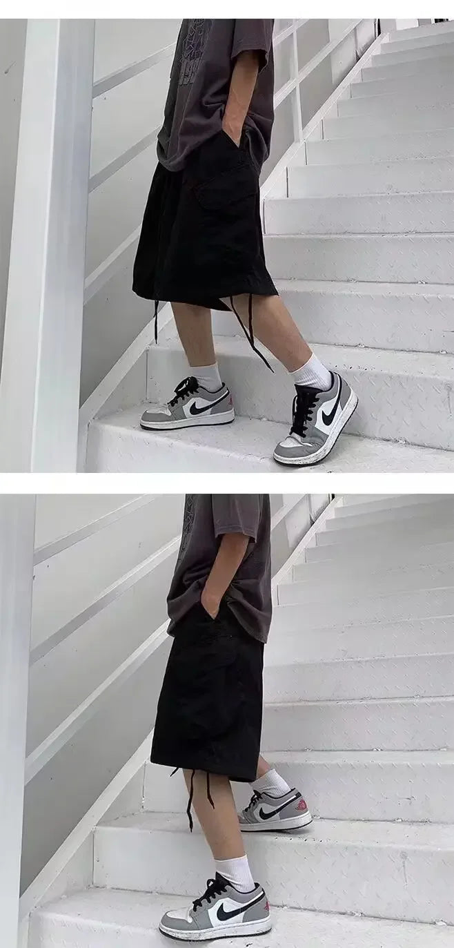 Loose Casual Men's Workwear Shorts Summer Wide Leg Drawstring Five-Quarter Pants Retro Japanese Style Outerwear Shorts