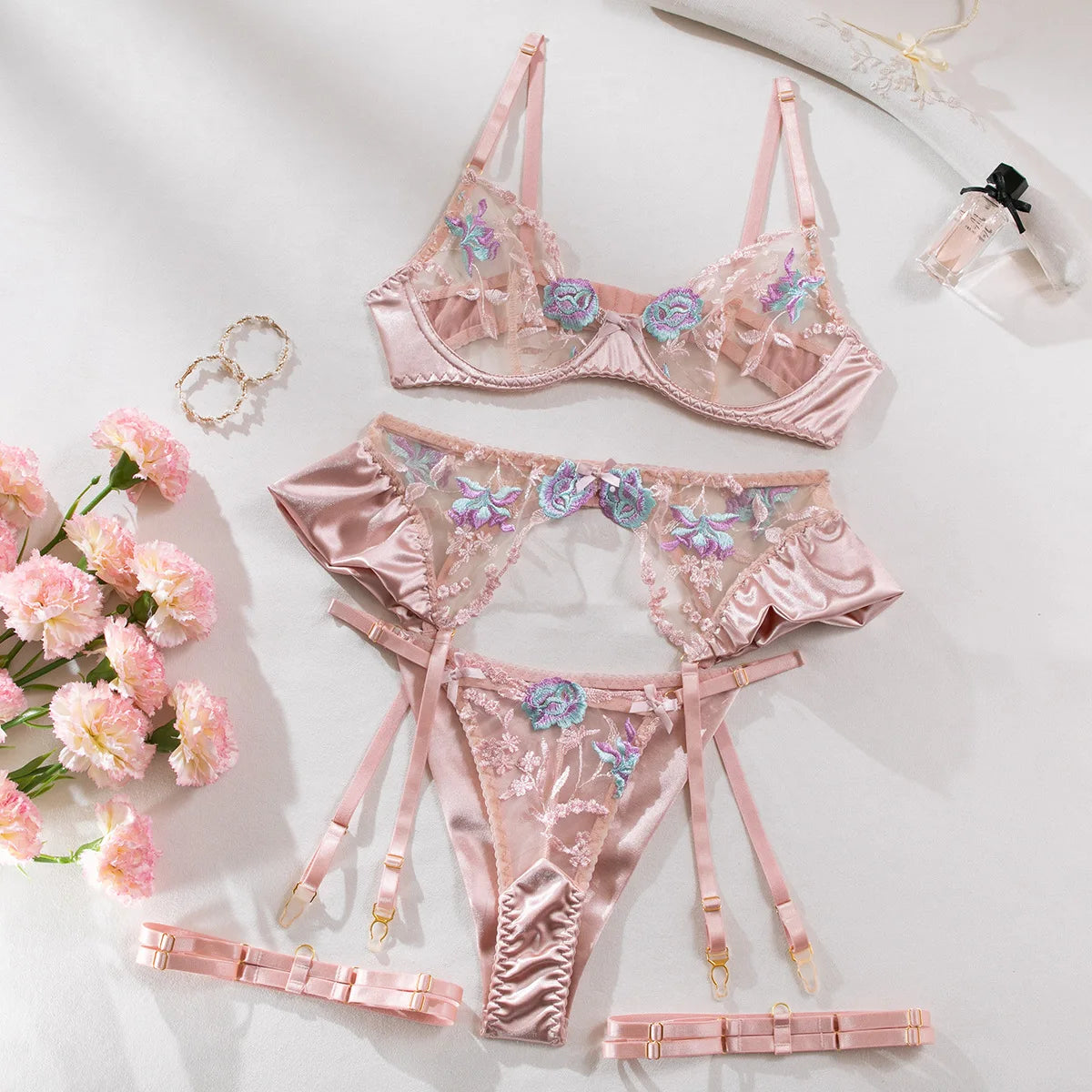 Sexy Lingerie Set Women Ruffle Embroidery Push Up Bra Sheer Thongs Garter Belt 4-Piece Erotic Underwear Transparent Outfits