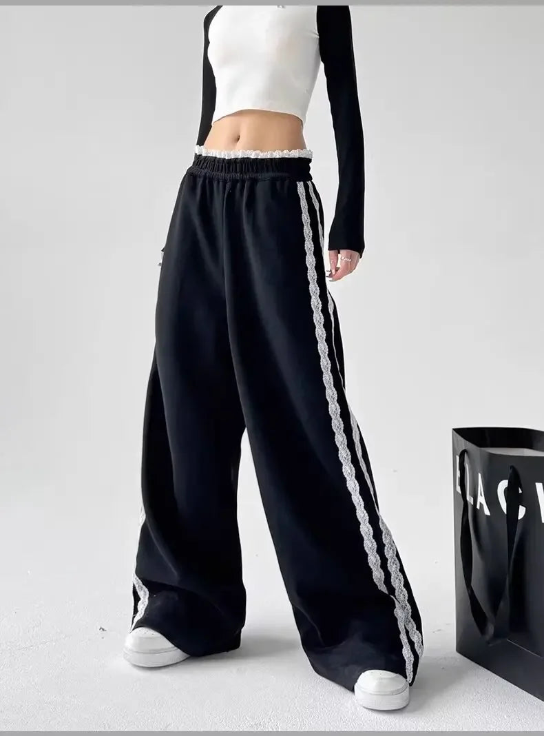 Trendy Casual Wide Leg Pants Women's Autumn Winter High Waist Splicing Lace Trim Drapey Slimming Sporty Trousers