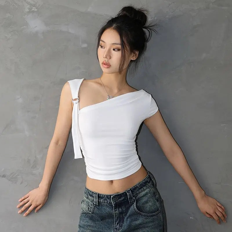 Summer T-shirts Women Sexy Folds Sweet Irregular Bandage Design Slim Chic Skew Collar Crop Tops Aesthetic Club American Clothes