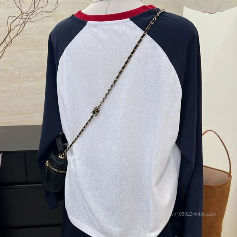 Cute Cartoon Mickey Mouse Long Sleeved T-shirt Korean Version Trend Simple Patchwork Tees Women's Autumn Slimming New Casual Top