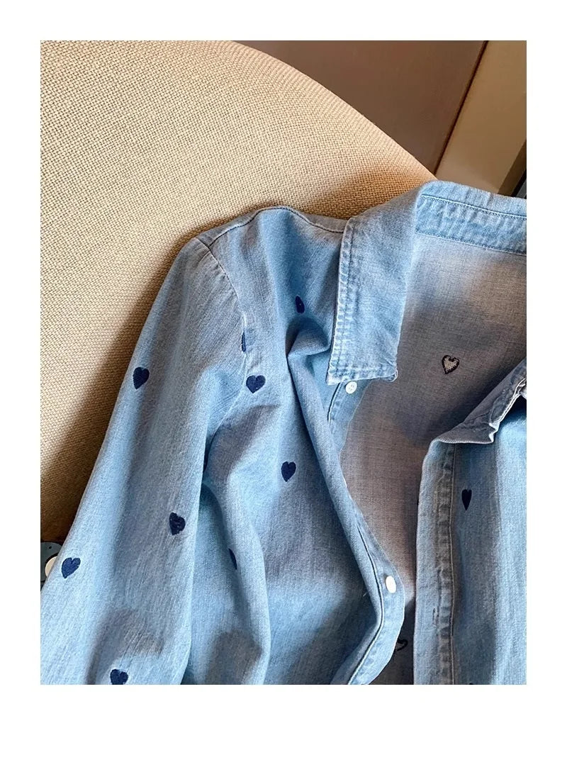 American Retro Blue Soft Denim Shirt Women's Spring Autumn Heart Print Thin Coat Casual Versatile Loose Long Sleeve Top Shirt