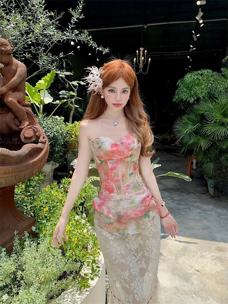Summer Women Two Piece Set Floral Corset Top and Lace Midi Skirt Elegant Mesh Outfit Slim Fit Vintage French Style Beach Suit
