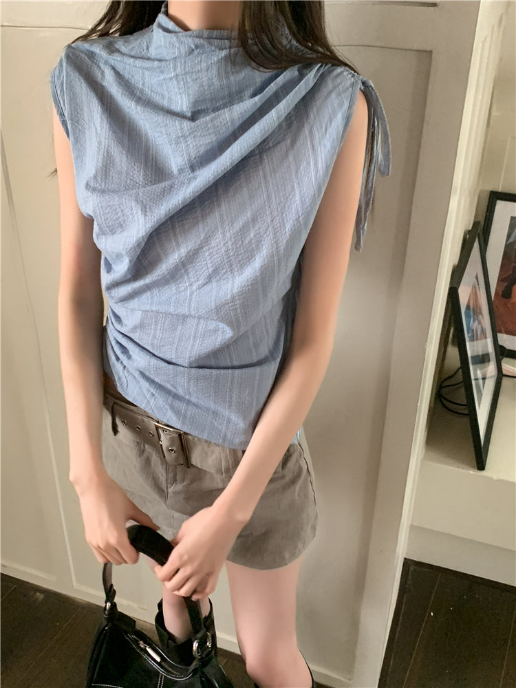 CHEERART Y2k Fashion Blue Striped Ruched Shirring Crop Top For Women 2023 Sleeveless Tees Crew Neck Short T Shirt Summer