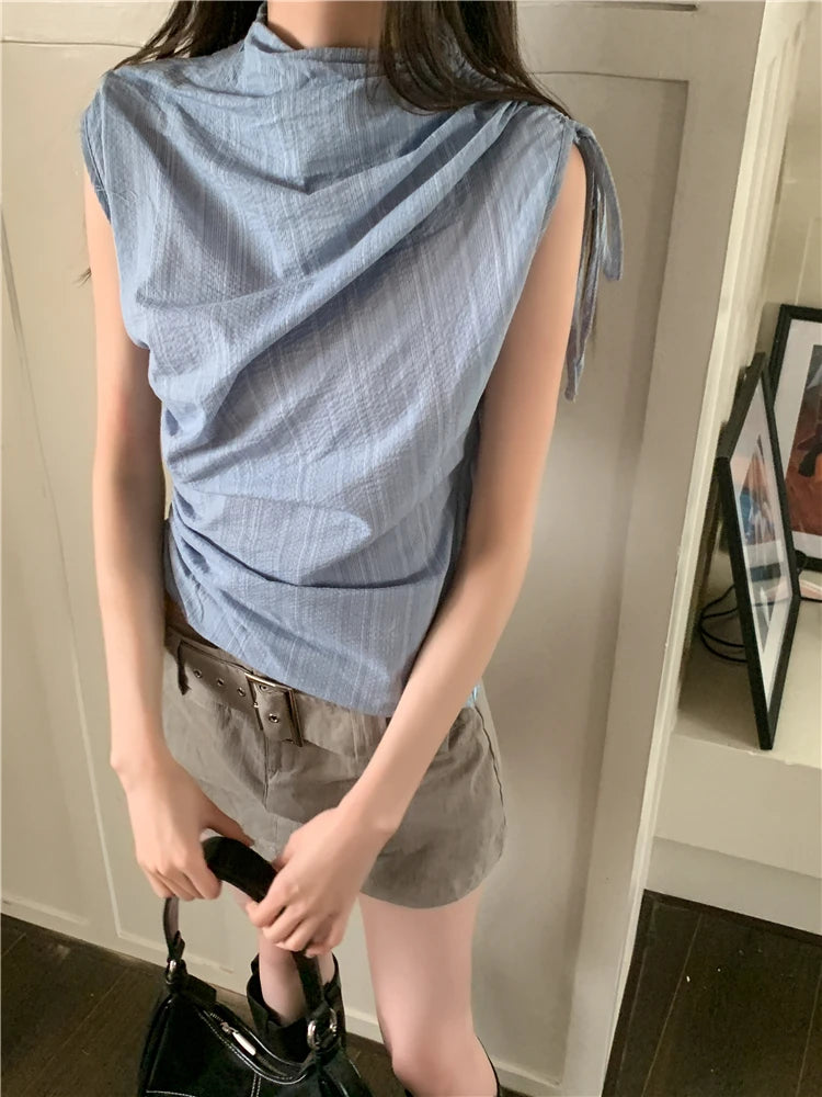 CHEERART Y2k Fashion Blue Striped Ruched Shirring Crop Top For Women 2023 Sleeveless Tees Crew Neck Short T Shirt Summer