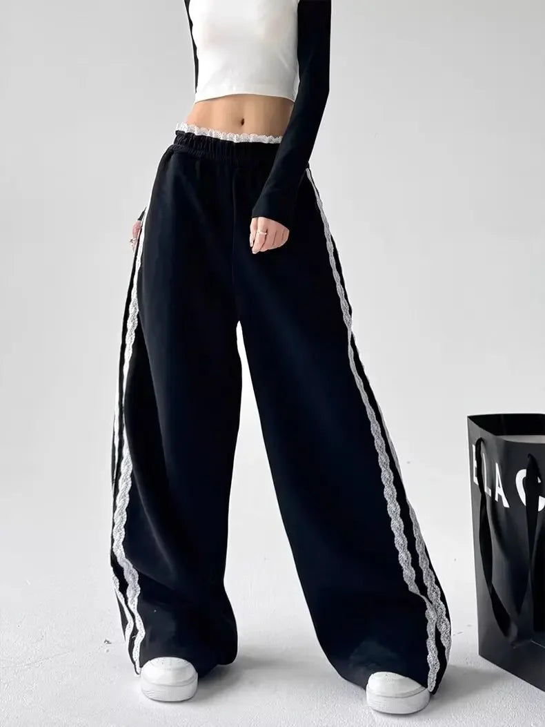 Trendy Casual Wide Leg Pants Women's Autumn Winter High Waist Splicing Lace Trim Drapey Slimming Sporty Trousers