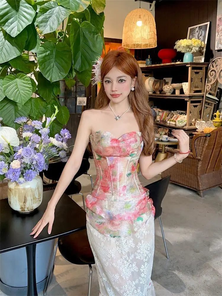 Summer Women Two Piece Set Floral Corset Top and Lace Midi Skirt Elegant Mesh Outfit Slim Fit Vintage French Style Beach Suit