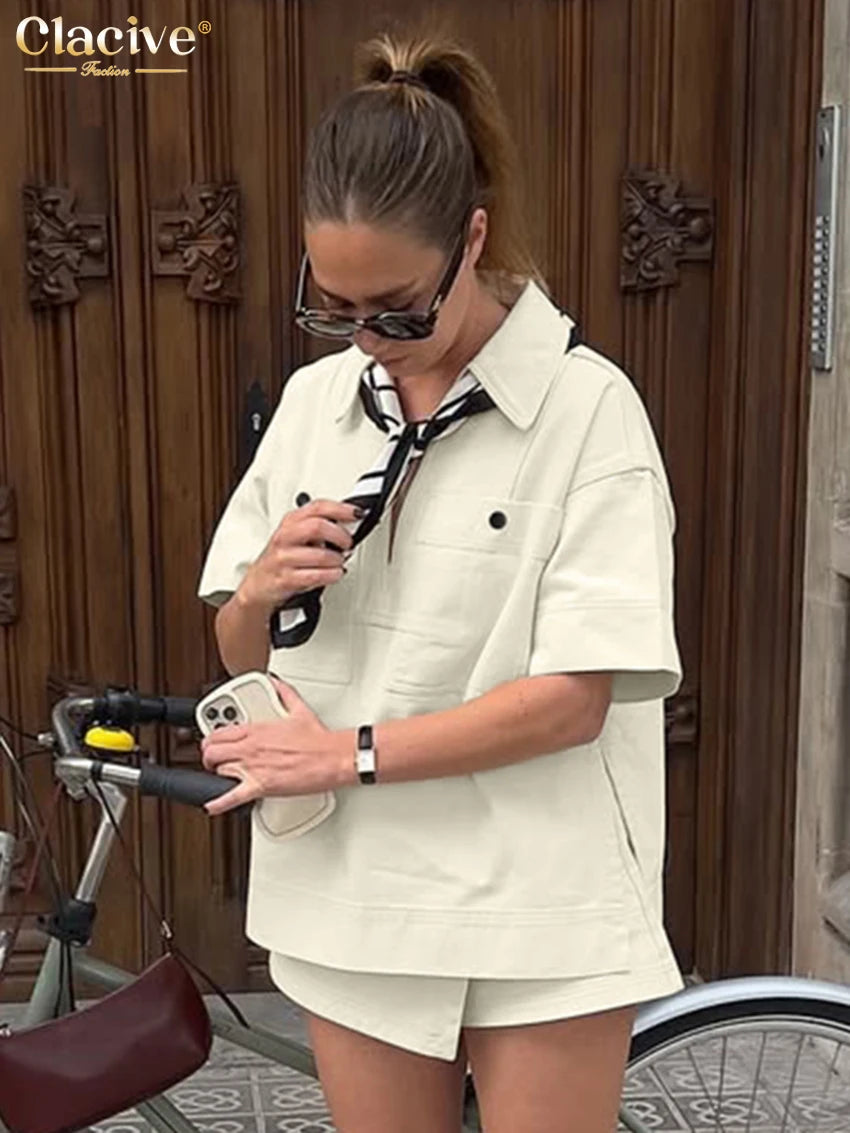 Clacive Fashion Loose Beige Cotton Women's Two Pieces Set Summer Short Sleeve Shirt With High Waist Shorts Set Female Clothing